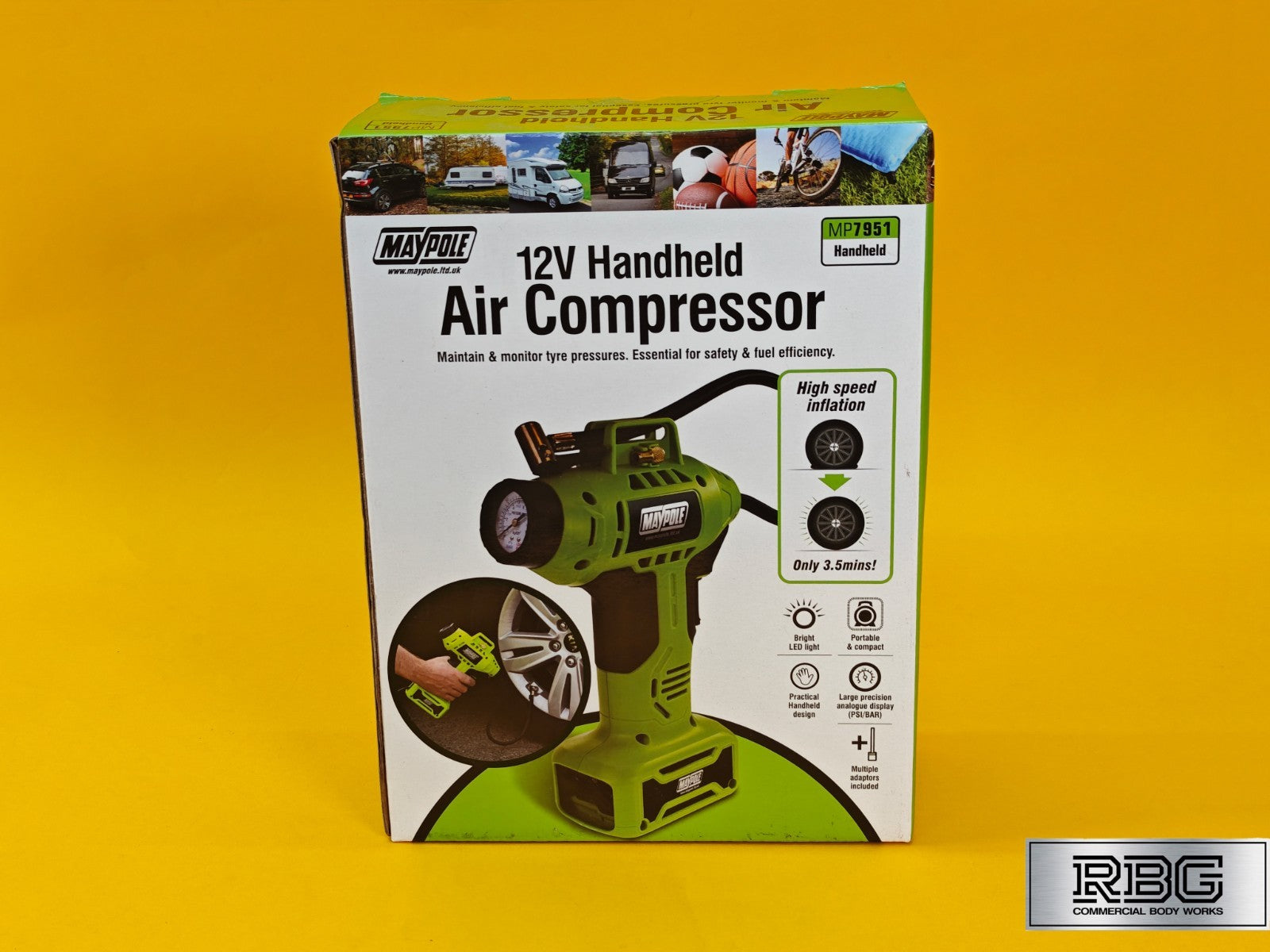 Car Tyre Air Compressor Analogue Pump Maypole Portable 12V Pump Inflator + LED