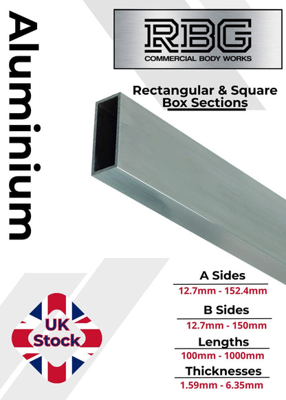ALUMINIUM RECTANGULAR & SQUARE BOX SECTION VARIOUS SIZES In METRIC & INCH UK