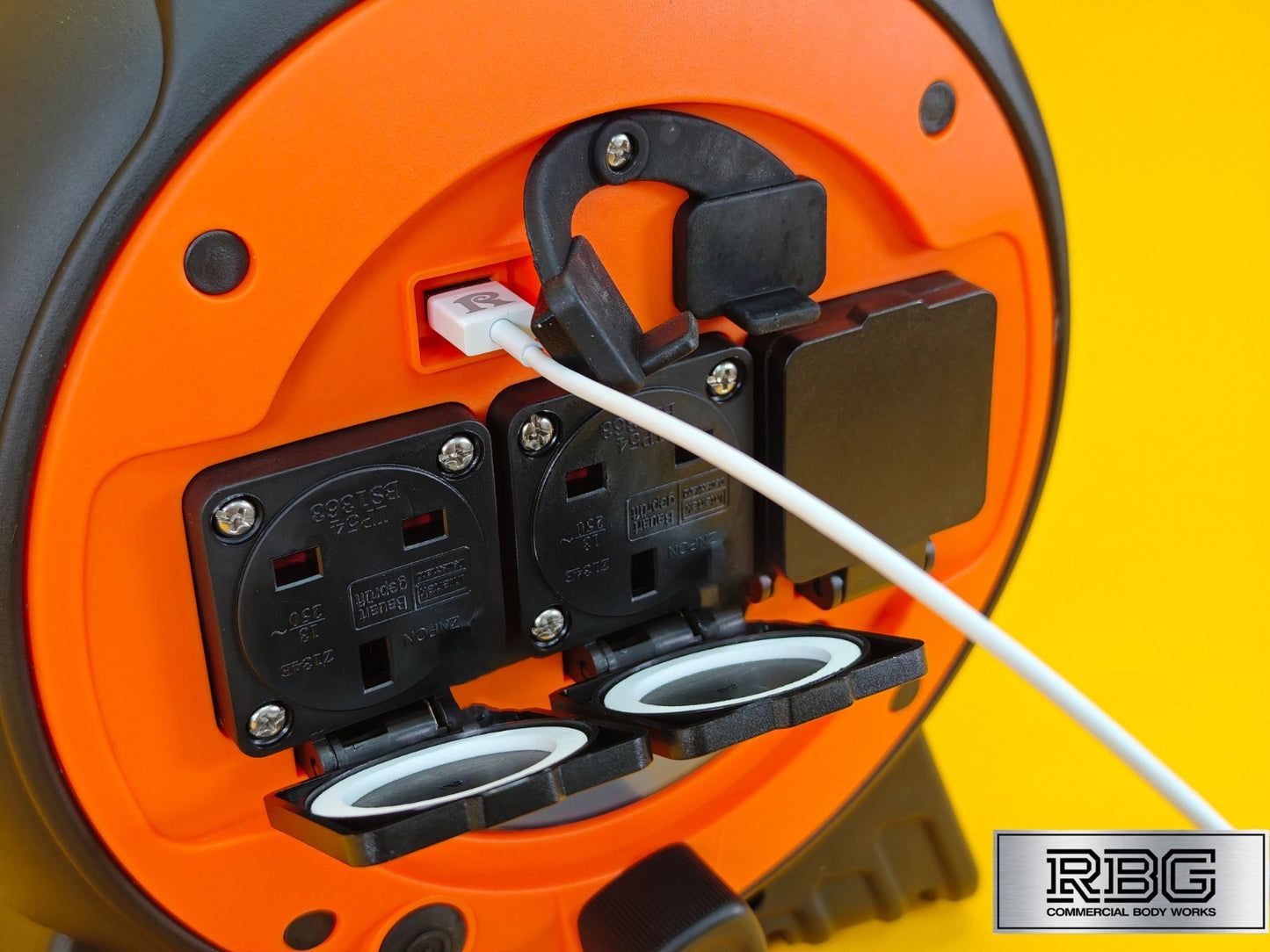 15m Roller Mobile Mains Power Unit 3 Way with LED Light Twin USB RCD Protected