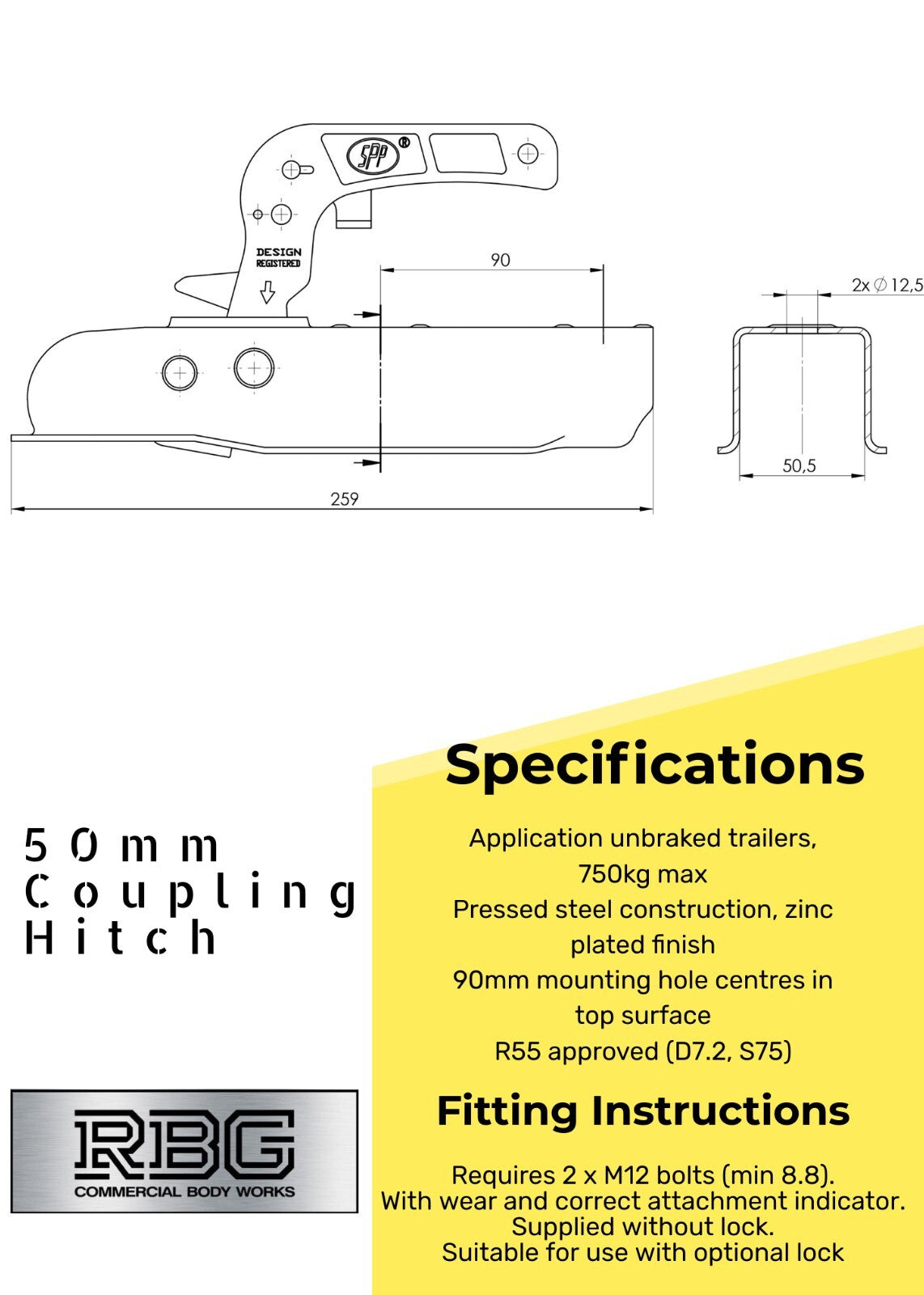 50MM COUPLING HITCH FOR 50MM DRAWBARS PRESSED STEEL, Heavy Duty Trailer Coupling