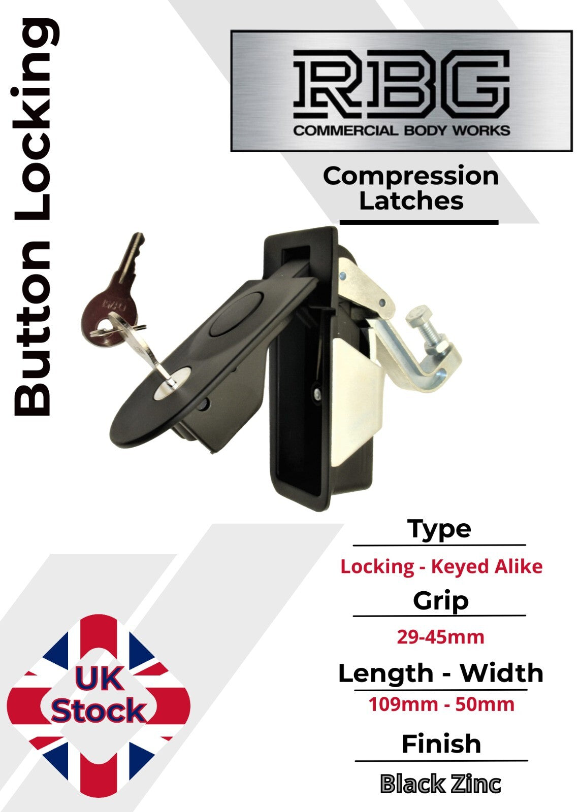 Compression Latch Trigger Button Lock with 1-14mm or 29-45mm Grip Black