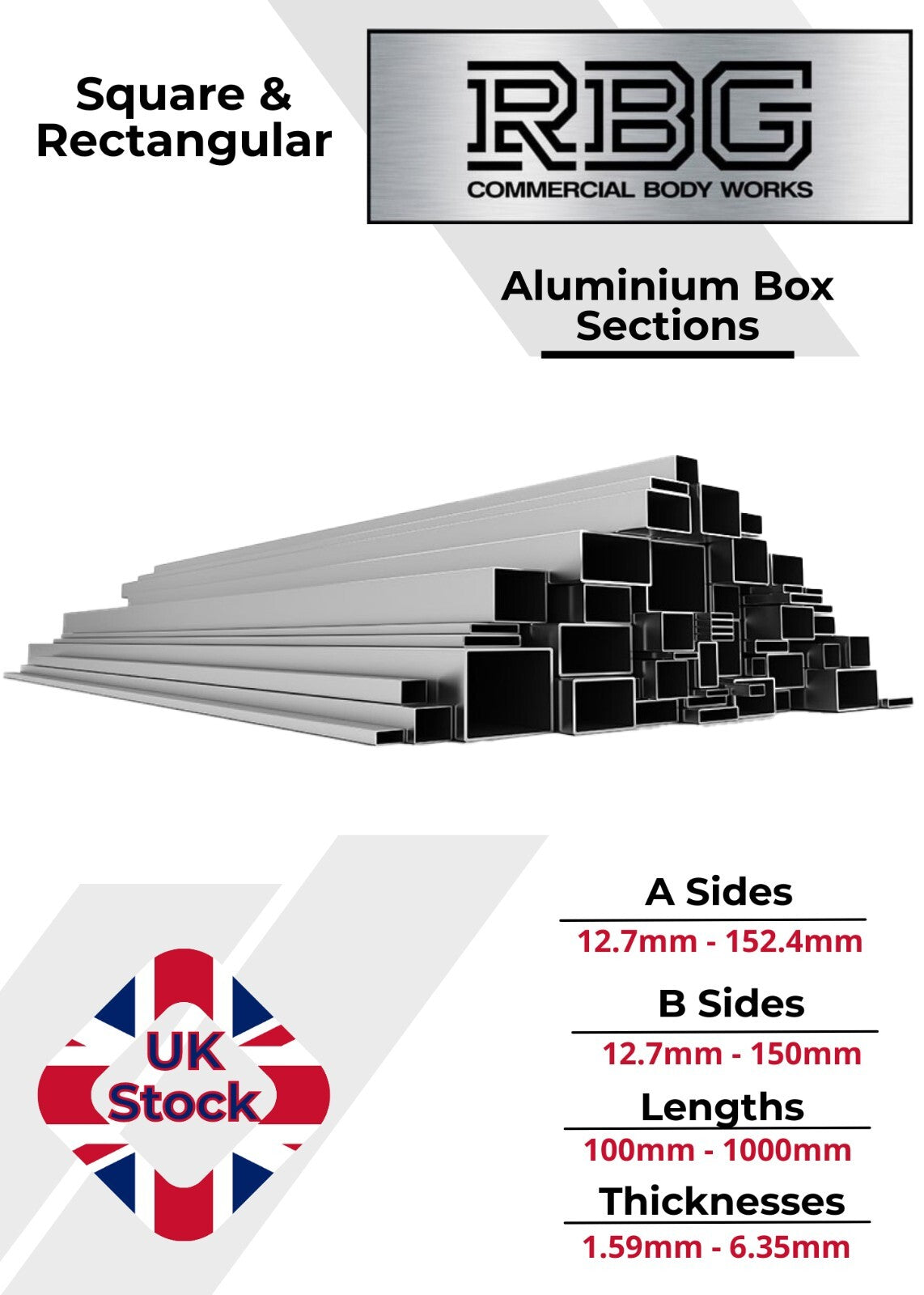 ALUMINIUM RECTANGULAR & SQUARE BOX SECTION VARIOUS SIZES In METRIC & INCH UK