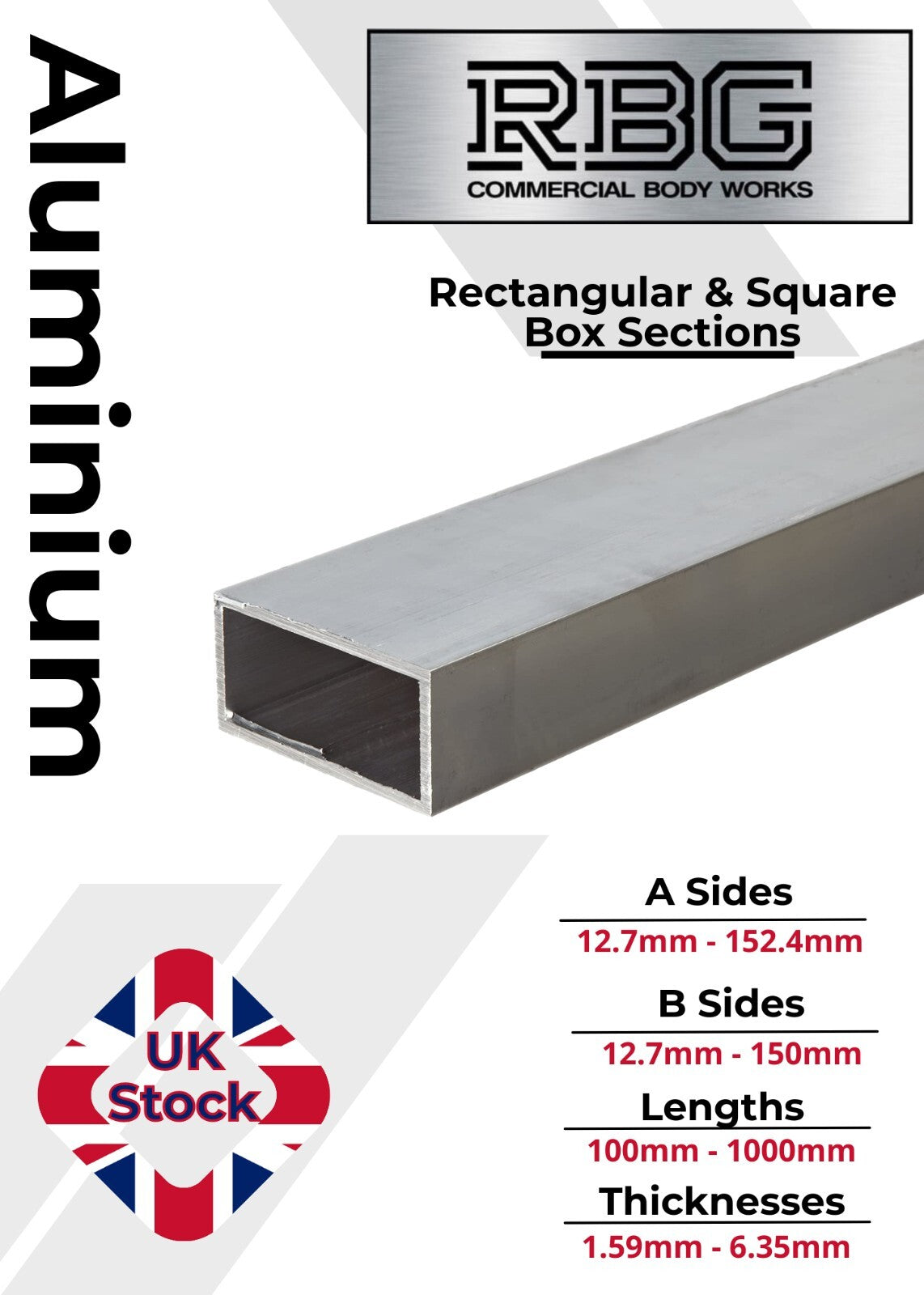 ALUMINIUM RECTANGULAR & SQUARE BOX SECTION VARIOUS SIZES In METRIC & INCH UK