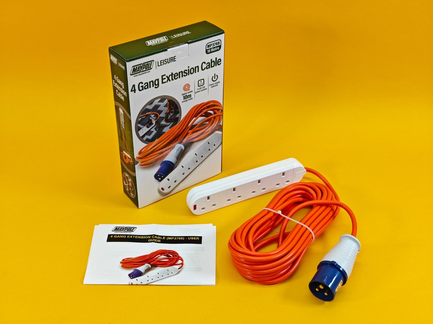 Camping 4 Way Extension Lead 10m Orange Cable 4 Gang 13A Power Sockets Caravan