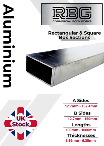 ALUMINIUM RECTANGULAR & SQUARE BOX SECTION VARIOUS SIZES In METRIC & INCH UK