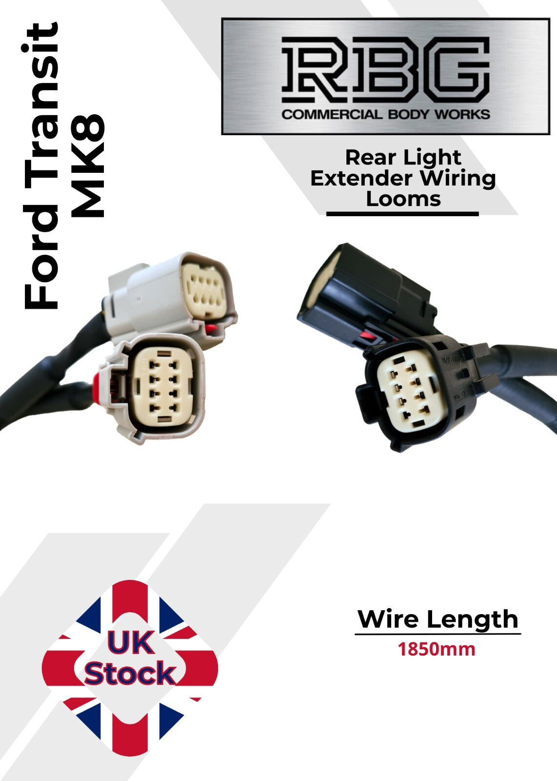 2X Ford Transit MK8 Rear Light 1850mm LONG Extender Wiring Looms