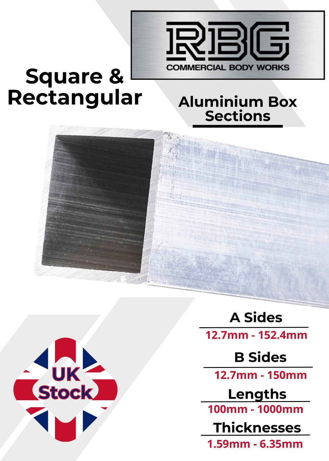 ALUMINIUM RECTANGULAR & SQUARE BOX SECTION VARIOUS SIZES In METRIC & INCH UK