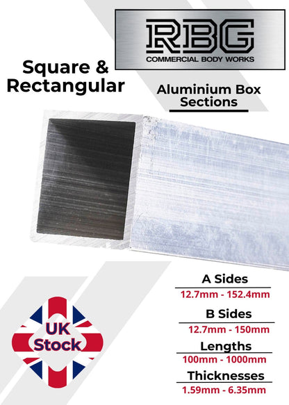 ALUMINIUM RECTANGULAR & SQUARE BOX SECTION VARIOUS SIZES In METRIC & INCH UK