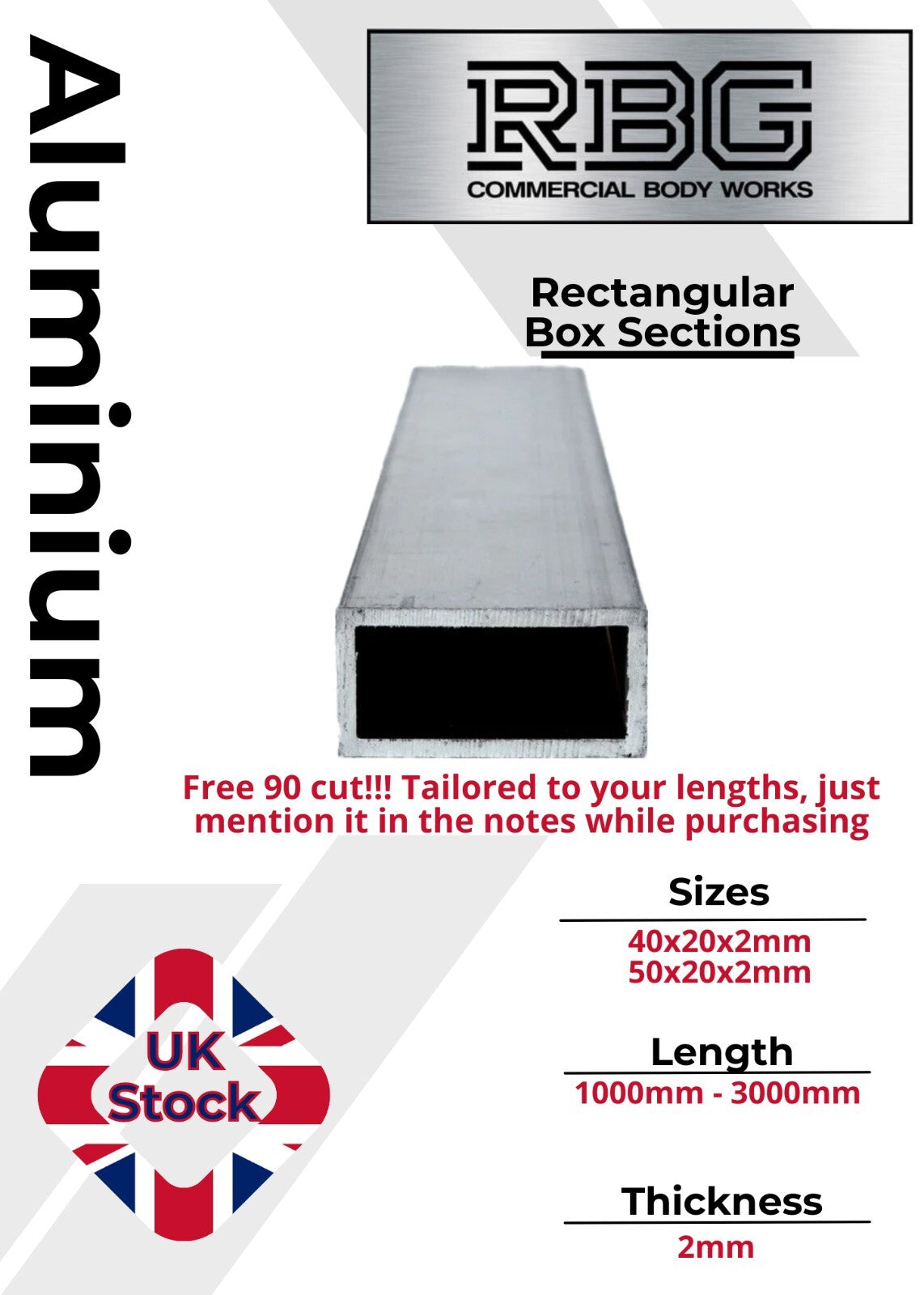 ALUMINIUM RECTANGULAR BOX SECTIONS Inch & Metric Various Sizes Free UK Delivery