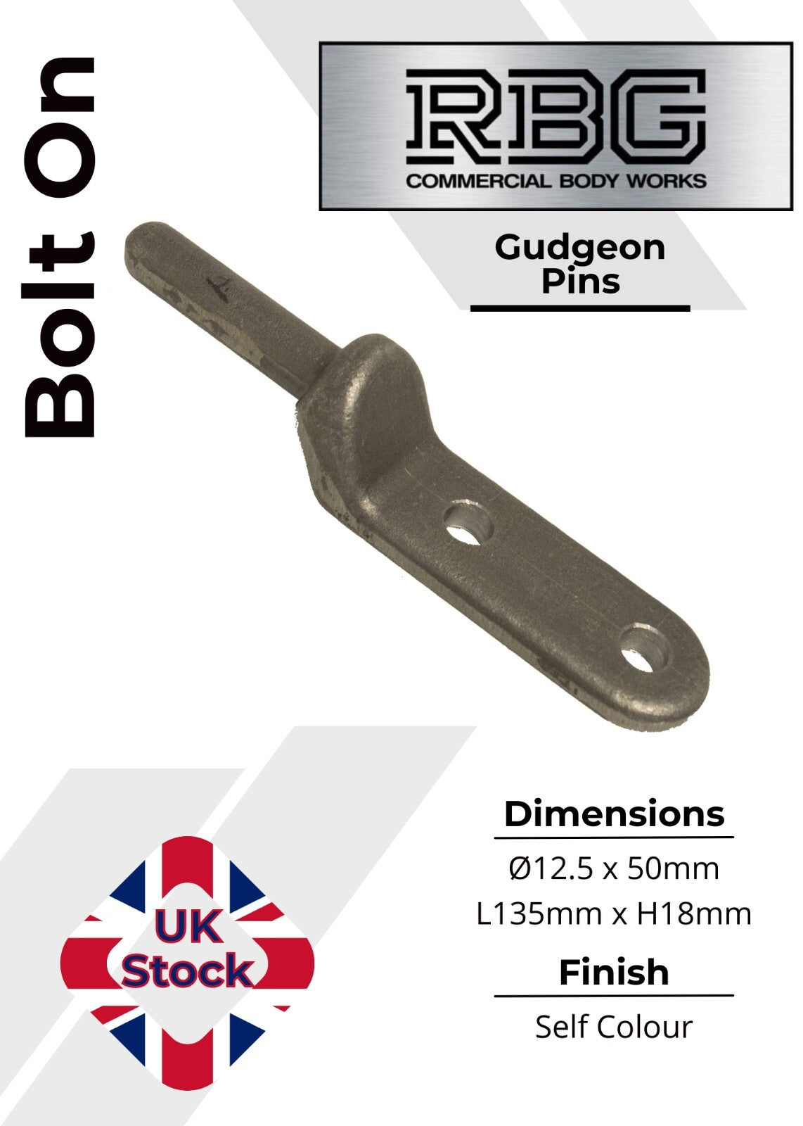 2x Bolt-On Gudgeon Hinge Pins, Self Colour. For Tailboards, Tipper Dropsides.