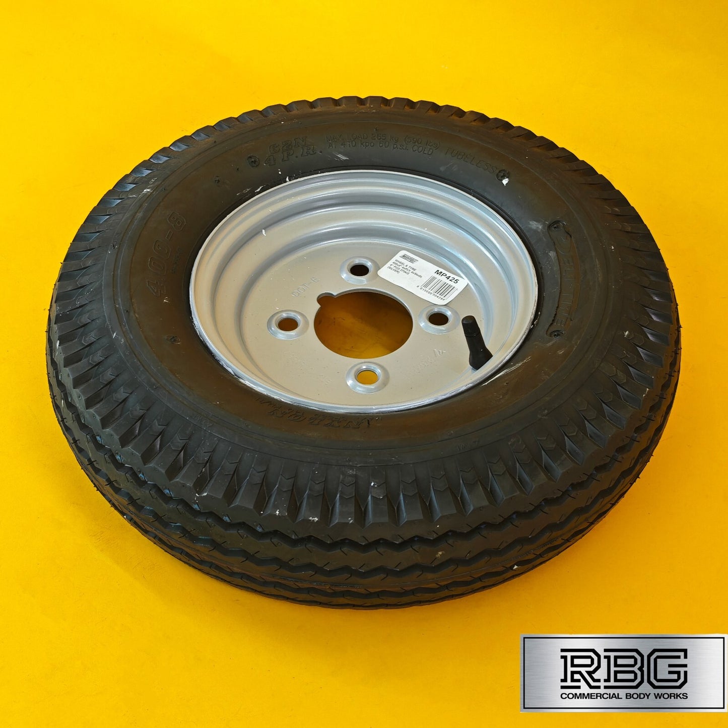 Wheel & Tyre 400x8 Inch for Trailers 4 Ply 4 Studs 4″ PCD Silver Diameter 8″ UK