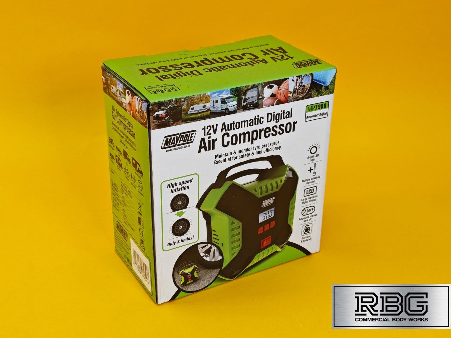 Car Tyre Air Compressor Digital Pump Maypole Portable 12V Tyre Inflator + LED