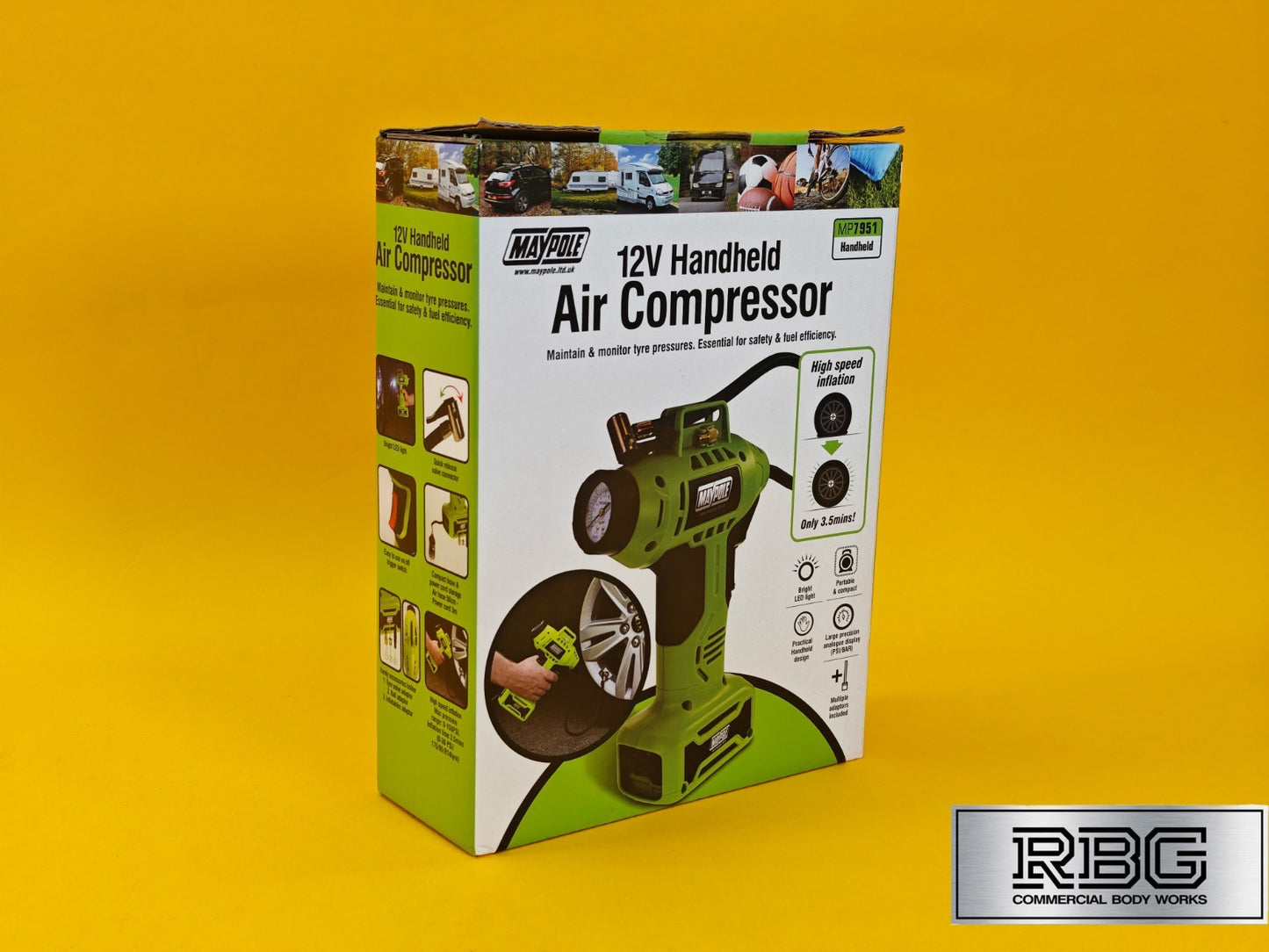 Car Tyre Air Compressor Analogue Pump Maypole Portable 12V Pump Inflator + LED