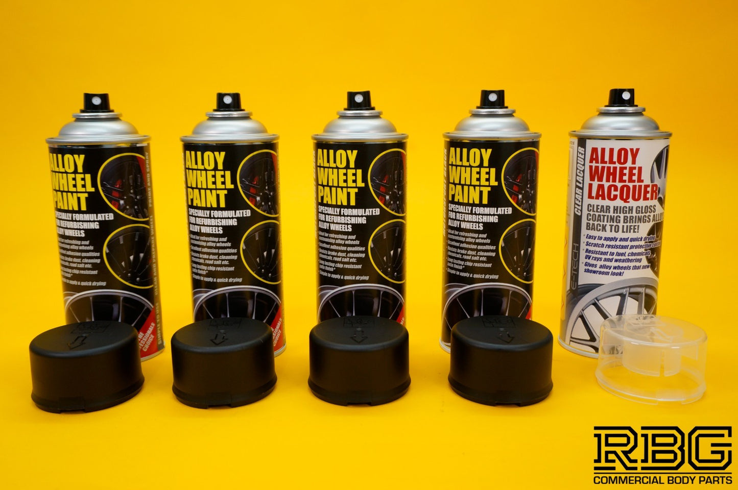 4x Alloy Wheel Paint MOTORSPORT BLACK + 1x Clear Lacquer Spray Refurbishment Kit