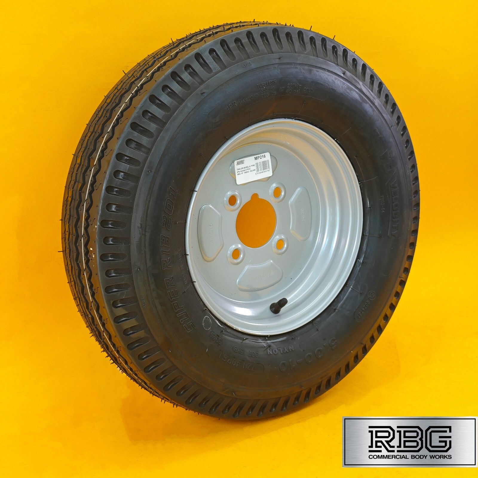 Wheel & Tyre 500x10 Inch for Trailers 4 Ply 4 Studs 4″ PCD Silver Diameter 10″