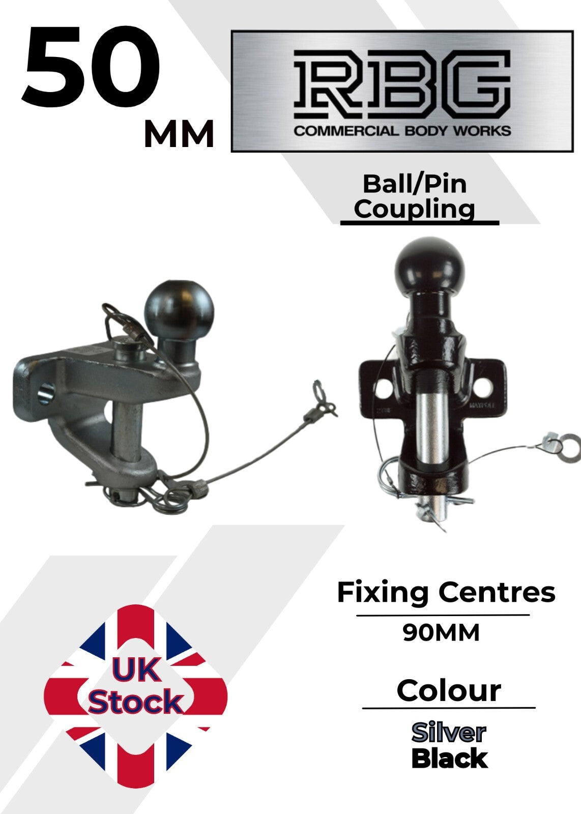 Tow Bar Ball/Pin Coupling 50mm Tow Hitch E approved Tow Jaw Black or Silver
