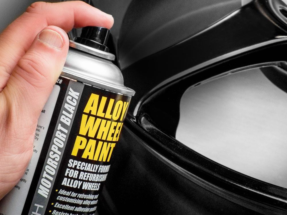 4x Alloy Wheel Paint MOTORSPORT BLACK + 1x Clear Lacquer Spray Refurbishment Kit