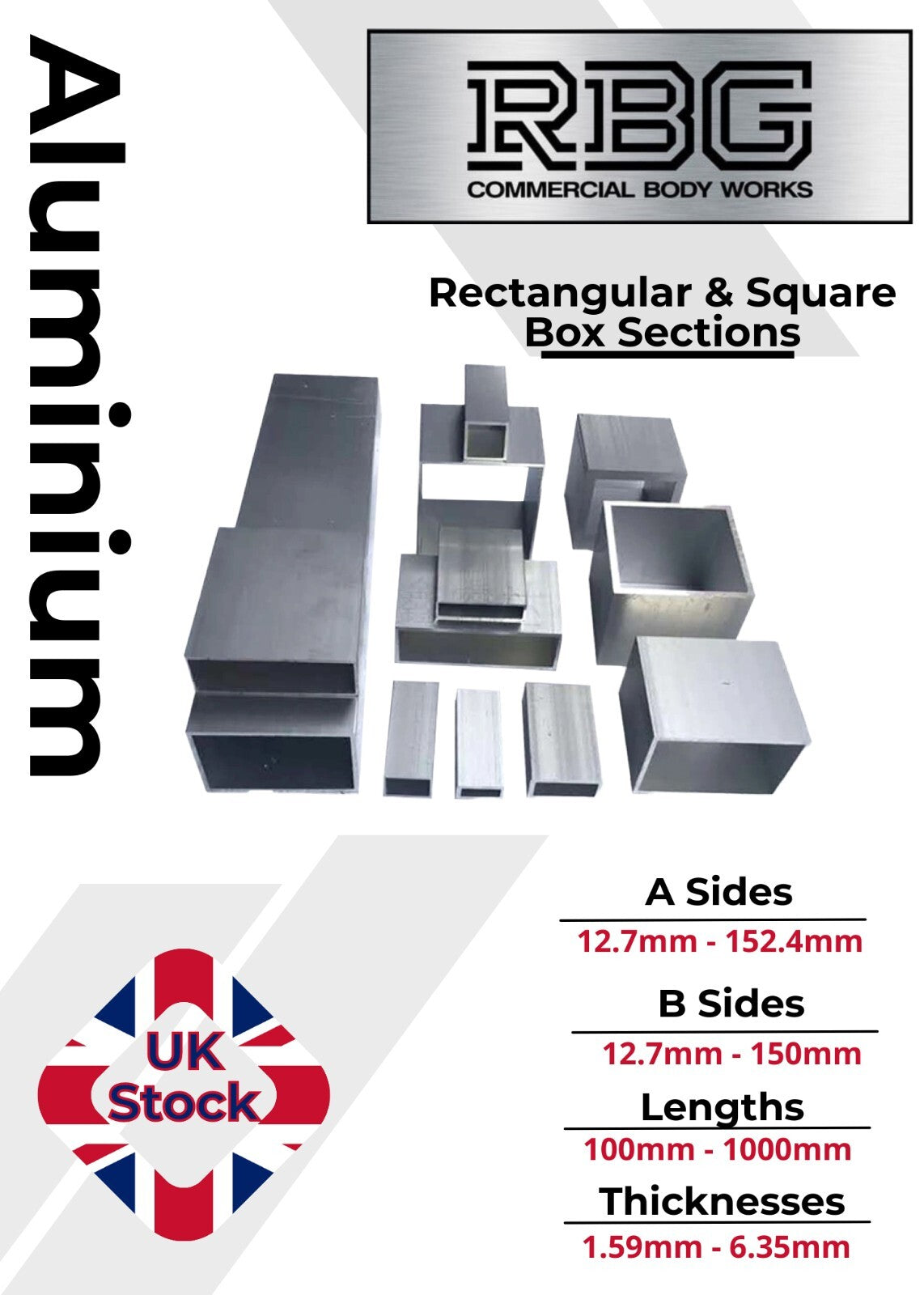 ALUMINIUM RECTANGULAR & SQUARE BOX SECTION VARIOUS SIZES In METRIC & INCH UK