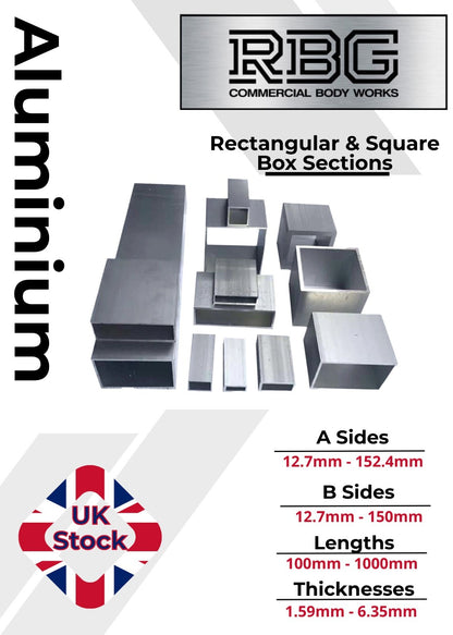 ALUMINIUM RECTANGULAR & SQUARE BOX SECTION VARIOUS SIZES In METRIC & INCH UK