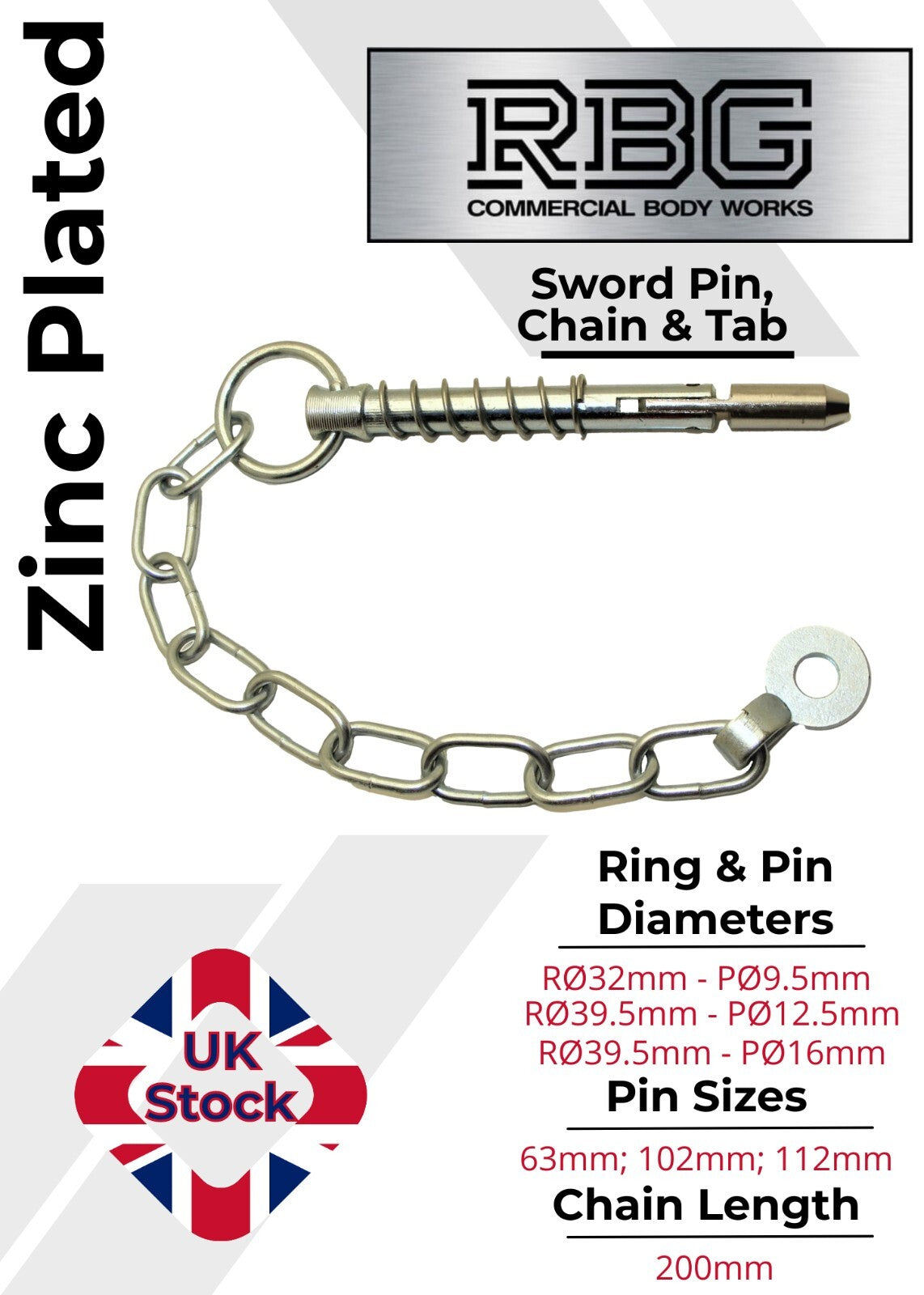 Sword Pin and Chain Spring Loaded, Retaining Cotter Pin 9.5mm; 12.5mm; 16mm.