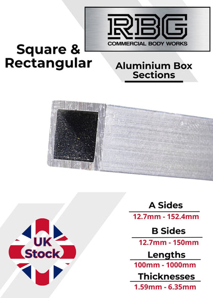 ALUMINIUM RECTANGULAR & SQUARE BOX SECTION VARIOUS SIZES In METRIC & INCH UK