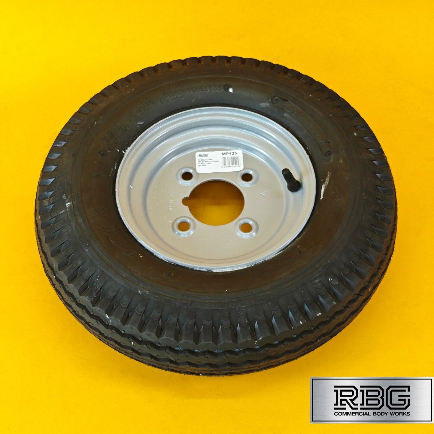 Wheel & Tyre 400x8 Inch for Trailers 4 Ply 4 Studs 4″ PCD Silver Diameter 8″ UK