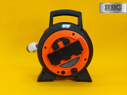 15m Roller Mobile Mains Power Unit 3 Way with LED Light Twin USB RCD Protected