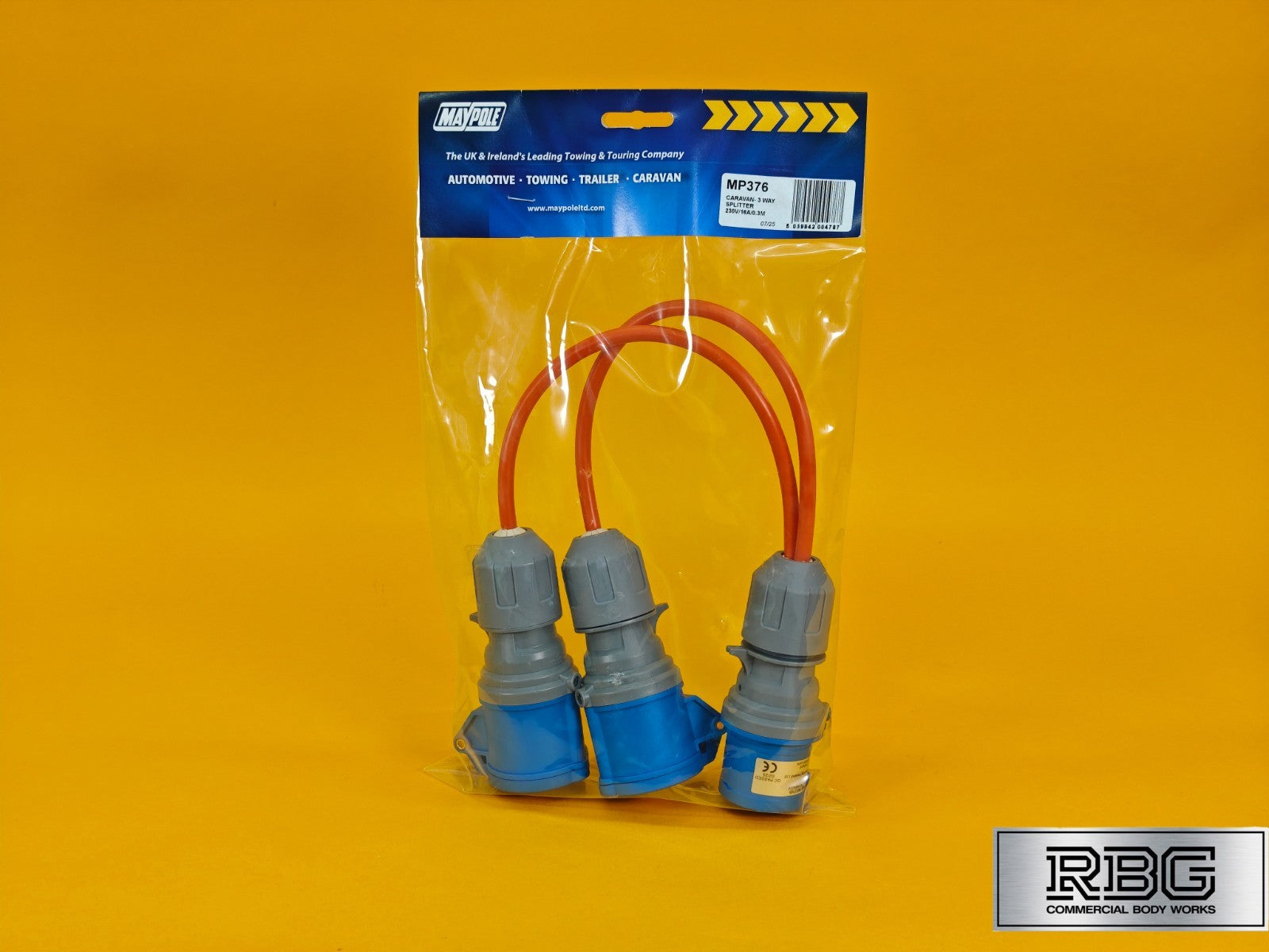 2 Way Splitter 16A 230V for Caravan 30cm Cable 2x Sockets 16Amp Hook Up Orange