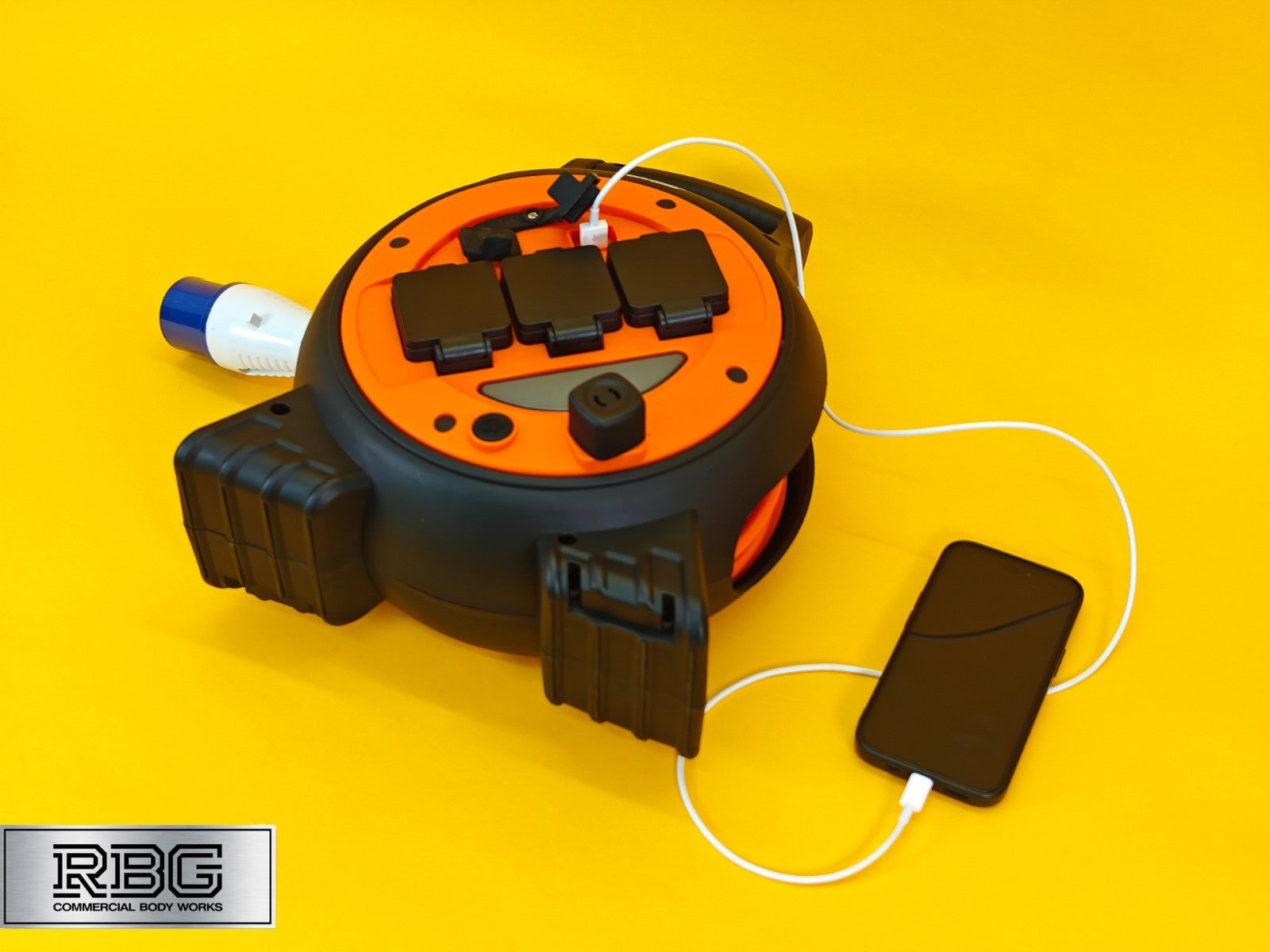15m Roller Mobile Mains Power Unit 3 Way with LED Light Twin USB RCD Protected