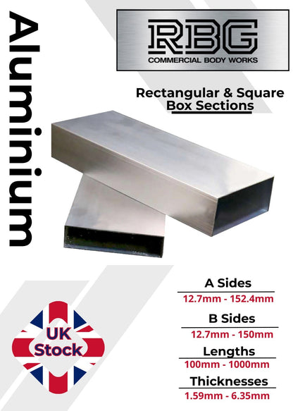 ALUMINIUM RECTANGULAR & SQUARE BOX SECTION VARIOUS SIZES In METRIC & INCH UK