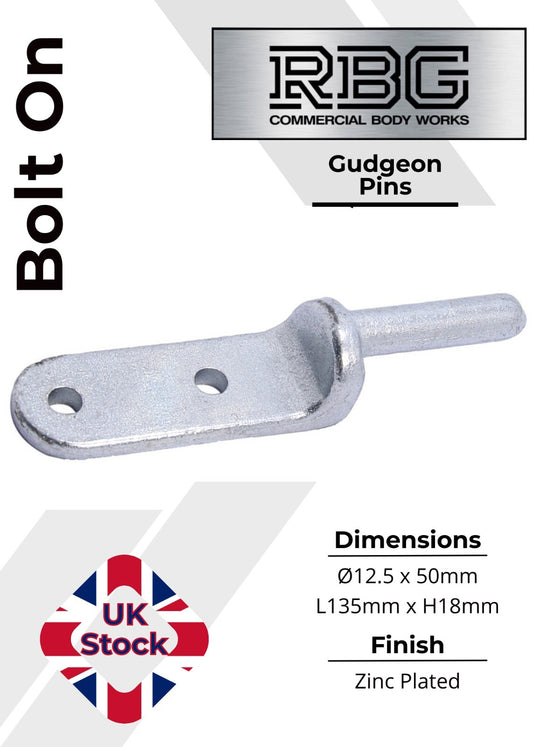 2x Bolt-On Gudgeon Hinge Pins, Zinc Plated. For Tailboards, Tipper Dropsides.
