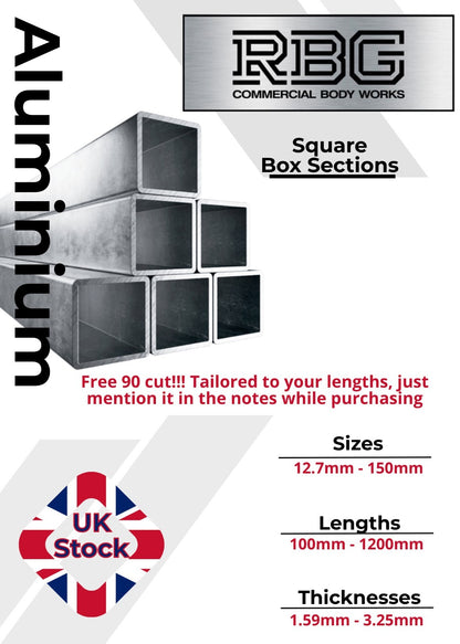 ALUMINIUM SQUARE BOX SECTION Various Sizes In Metric & Inch Free UK Delivery