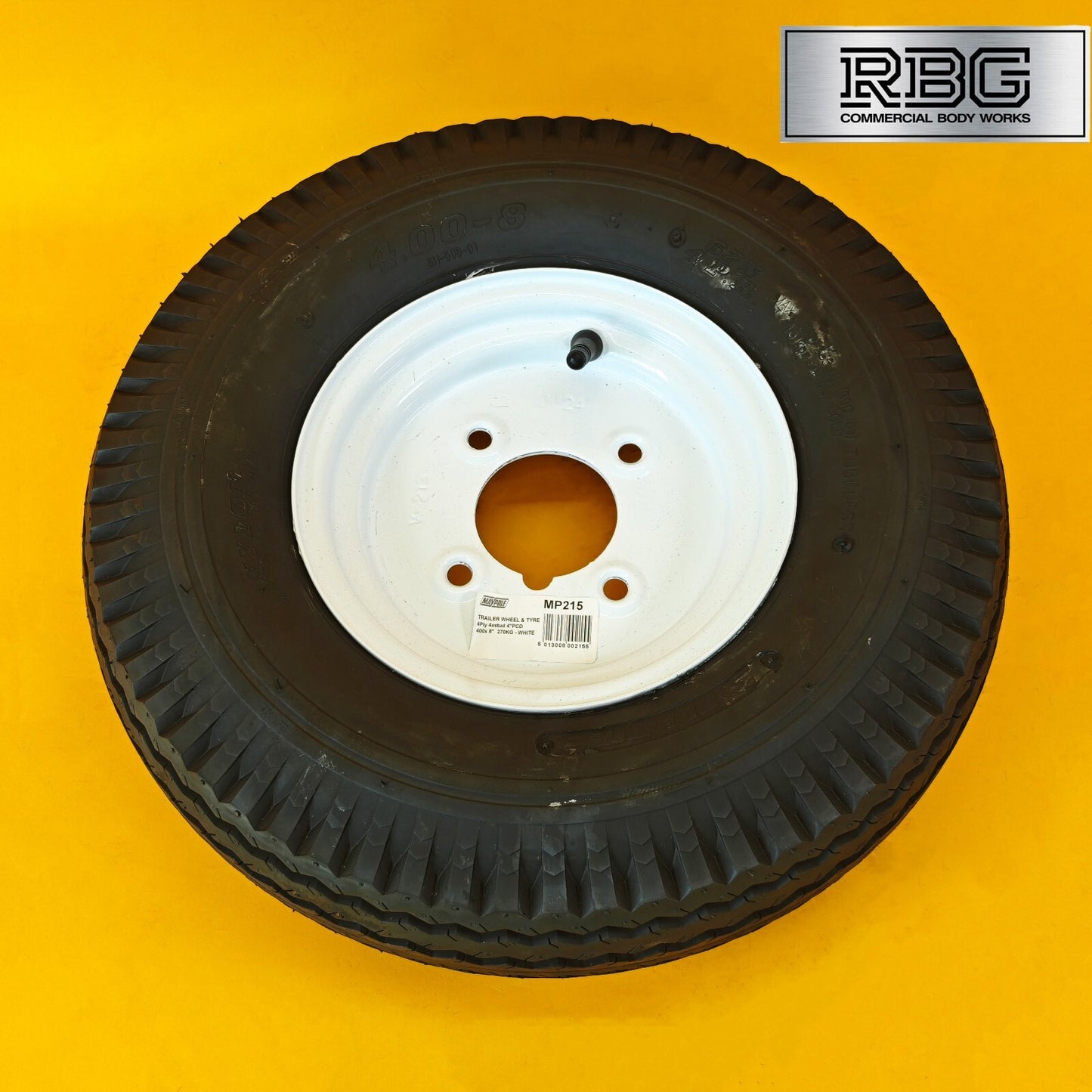 Wheel & Tyre 400x8 Inch for Trailers 4 Ply 4 Studs 4″ PCD White Diameter 8″ UK