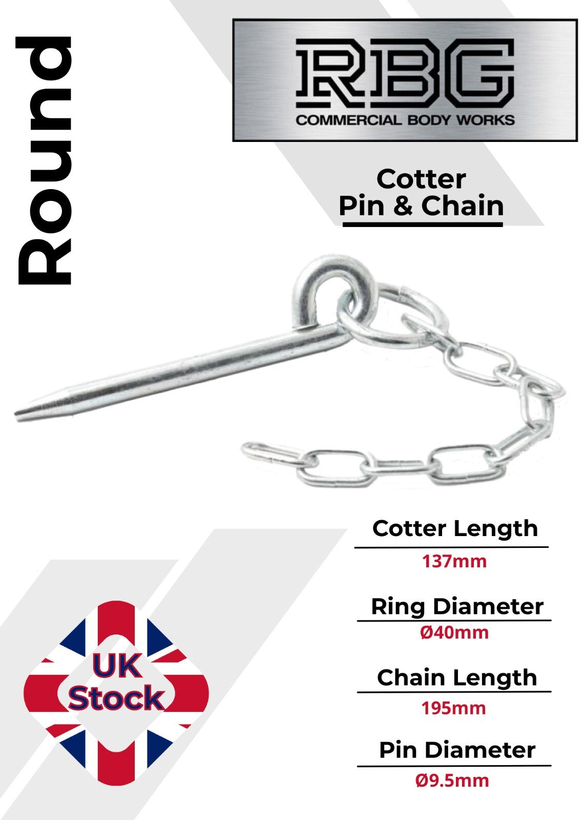 Round Cotter Pin & Chain 137 x 9.5mm Trailers Tail Gate Horseboxes Tipper...