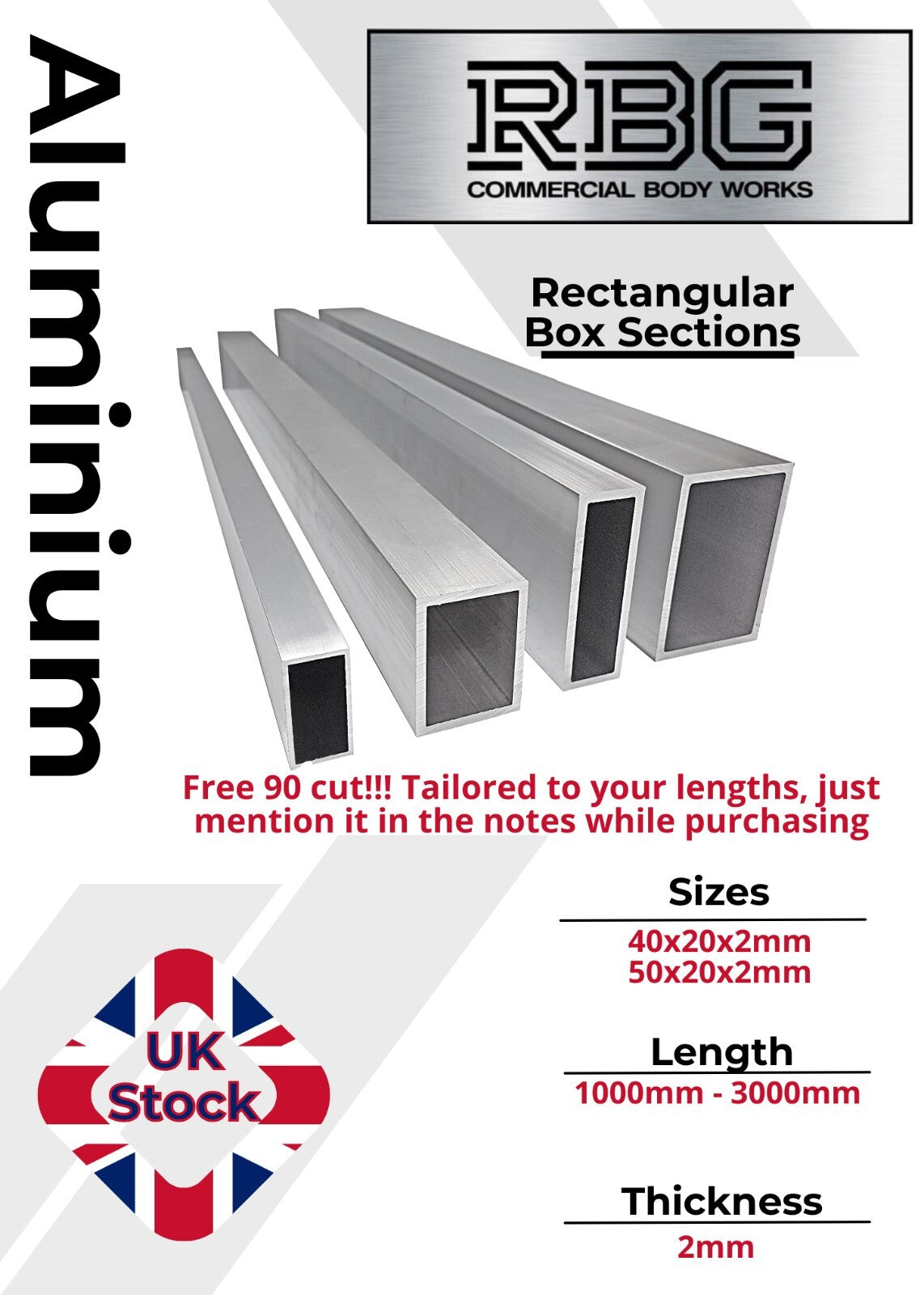 ALUMINIUM RECTANGULAR BOX SECTIONS Inch & Metric Various Sizes Free UK Delivery
