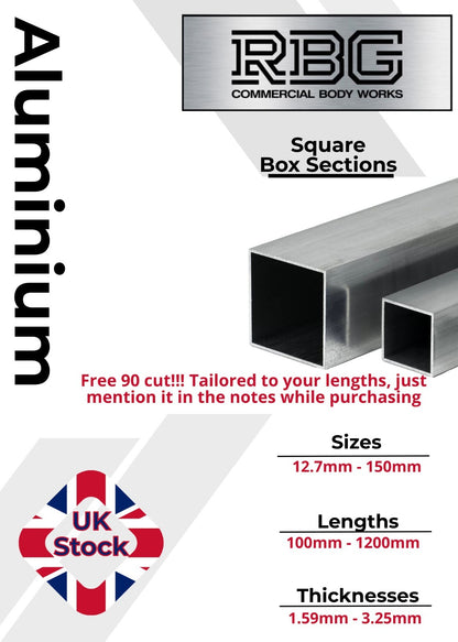 ALUMINIUM SQUARE BOX SECTION Various Sizes In Metric & Inch Free UK Delivery