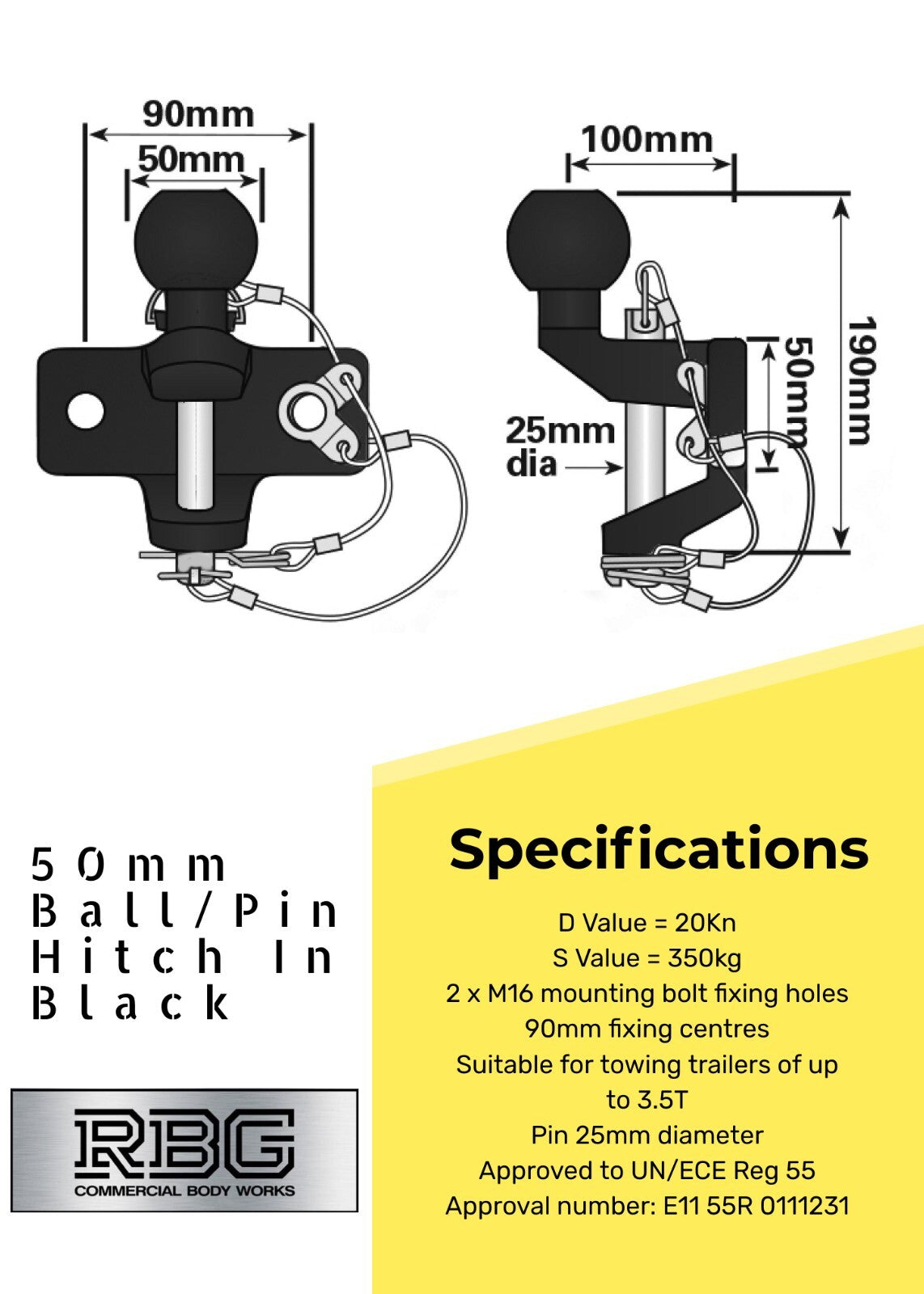 Tow Bar Ball/Pin Coupling 50mm Tow Hitch E approved Tow Jaw Black or Silver