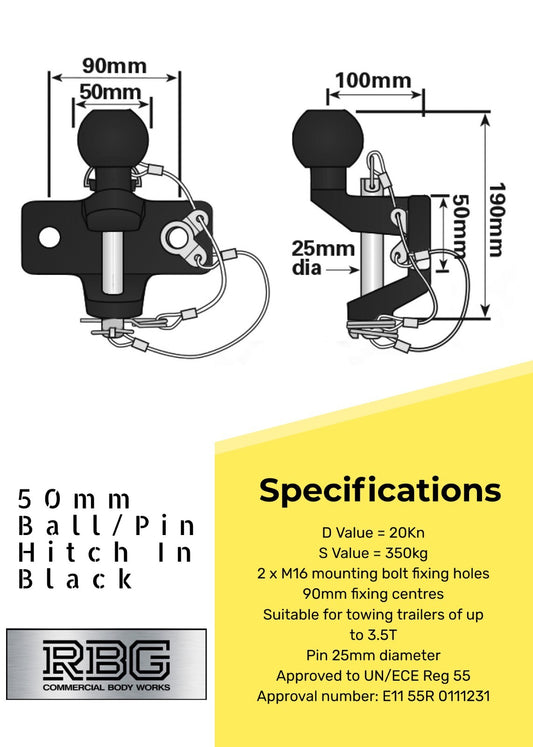 Tow Bar Ball/Pin Coupling 50mm Tow Hitch E approved Tow Jaw Black or Silver