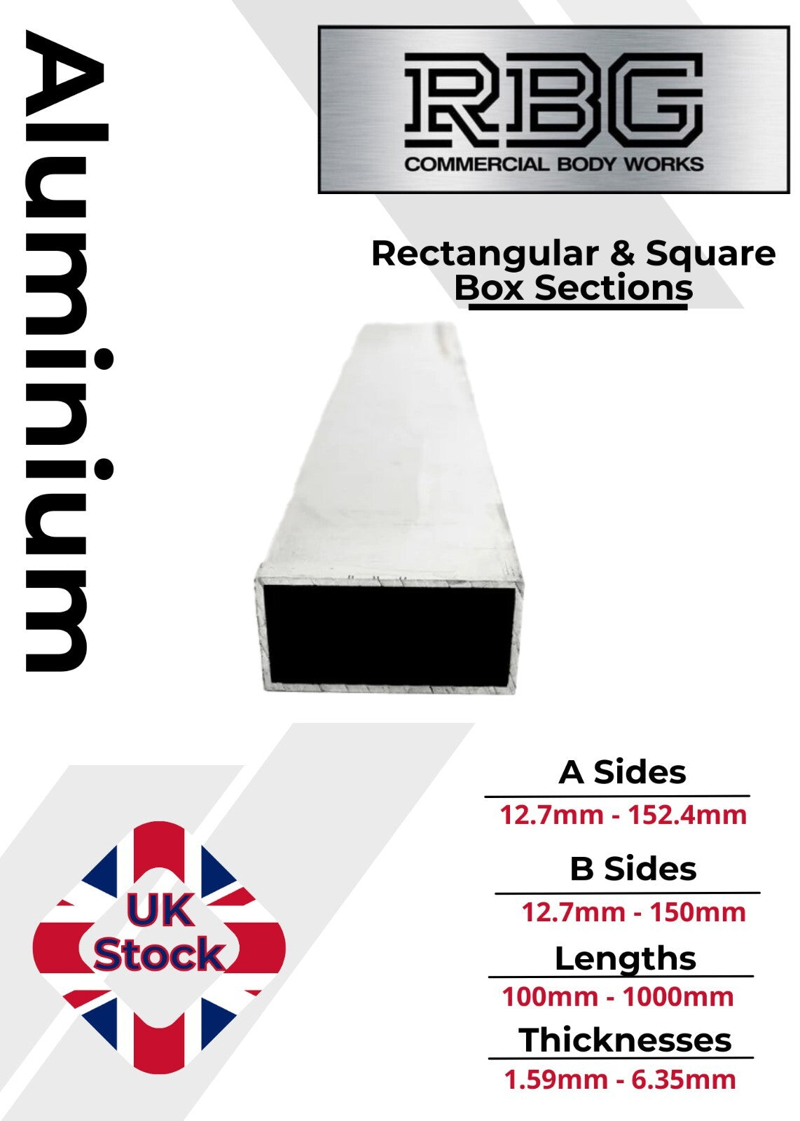 ALUMINIUM RECTANGULAR & SQUARE BOX SECTION VARIOUS SIZES In METRIC & INCH UK