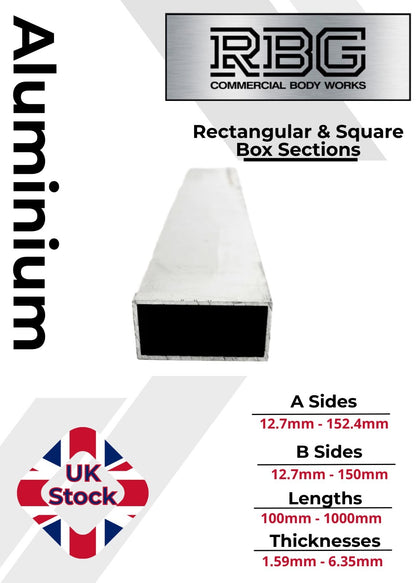ALUMINIUM RECTANGULAR & SQUARE BOX SECTION VARIOUS SIZES In METRIC & INCH UK