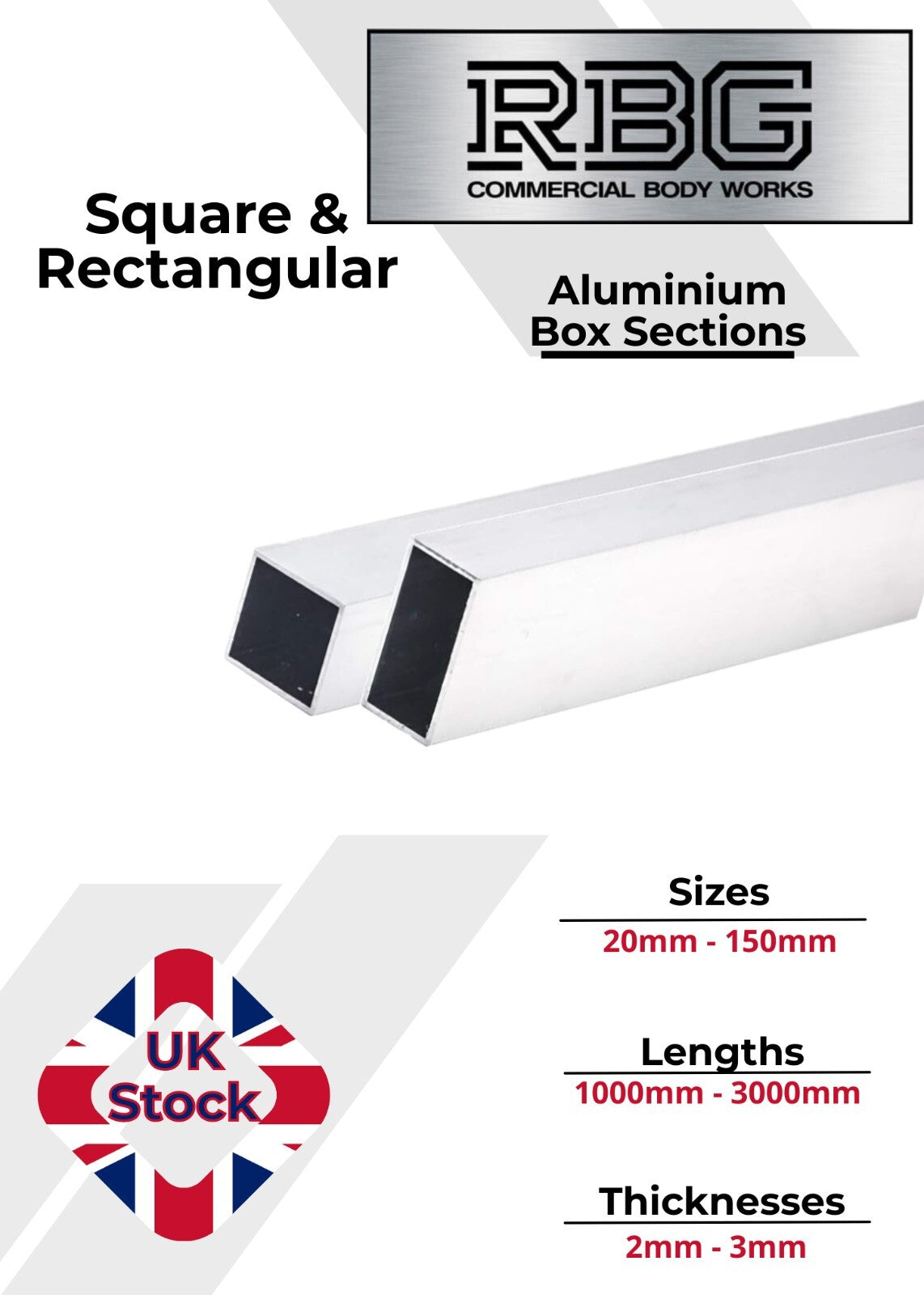 ALUMINIUM RECTANGULAR & SQUARE BOX SECTION Various Sizes Metric Free UK Delivery