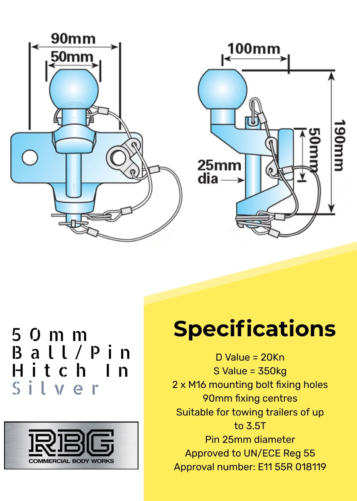 Tow Bar Ball/Pin Coupling 50mm Tow Hitch E approved Tow Jaw Black or Silver