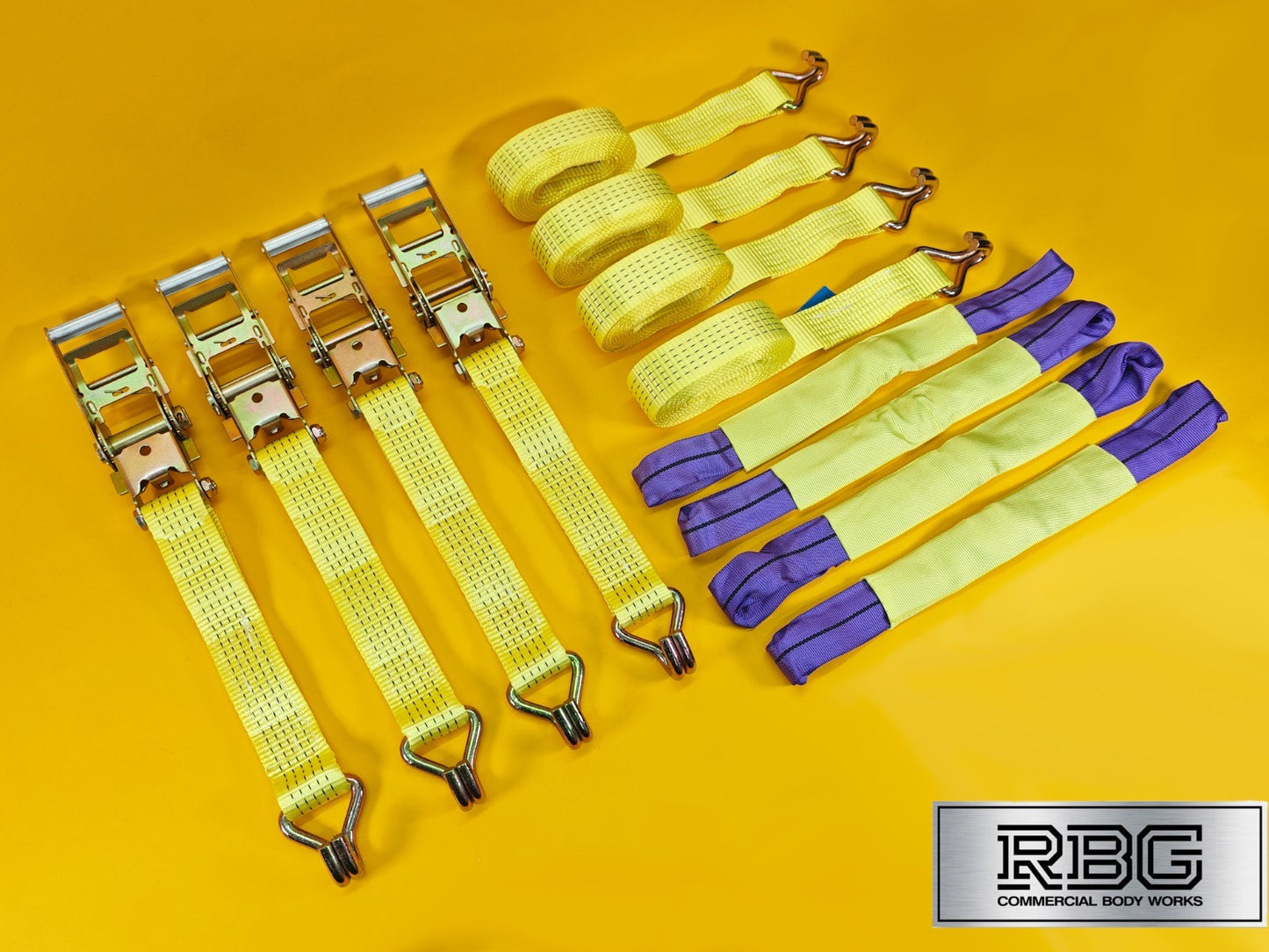 Recovery Ratchet Strap SET 4Pcs 5ton High-Visibility Yellow Tie Down Alloy Wheel