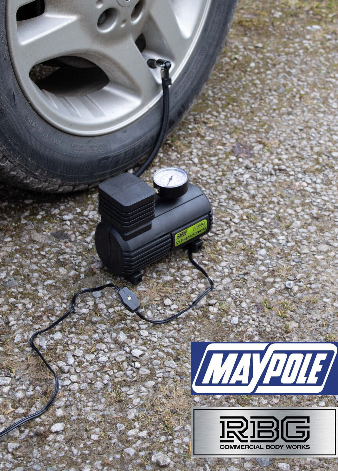 Car Tyre Air Compressor Emergency Pump Maypole Compact 3m Cord 12V Tyre Inflator
