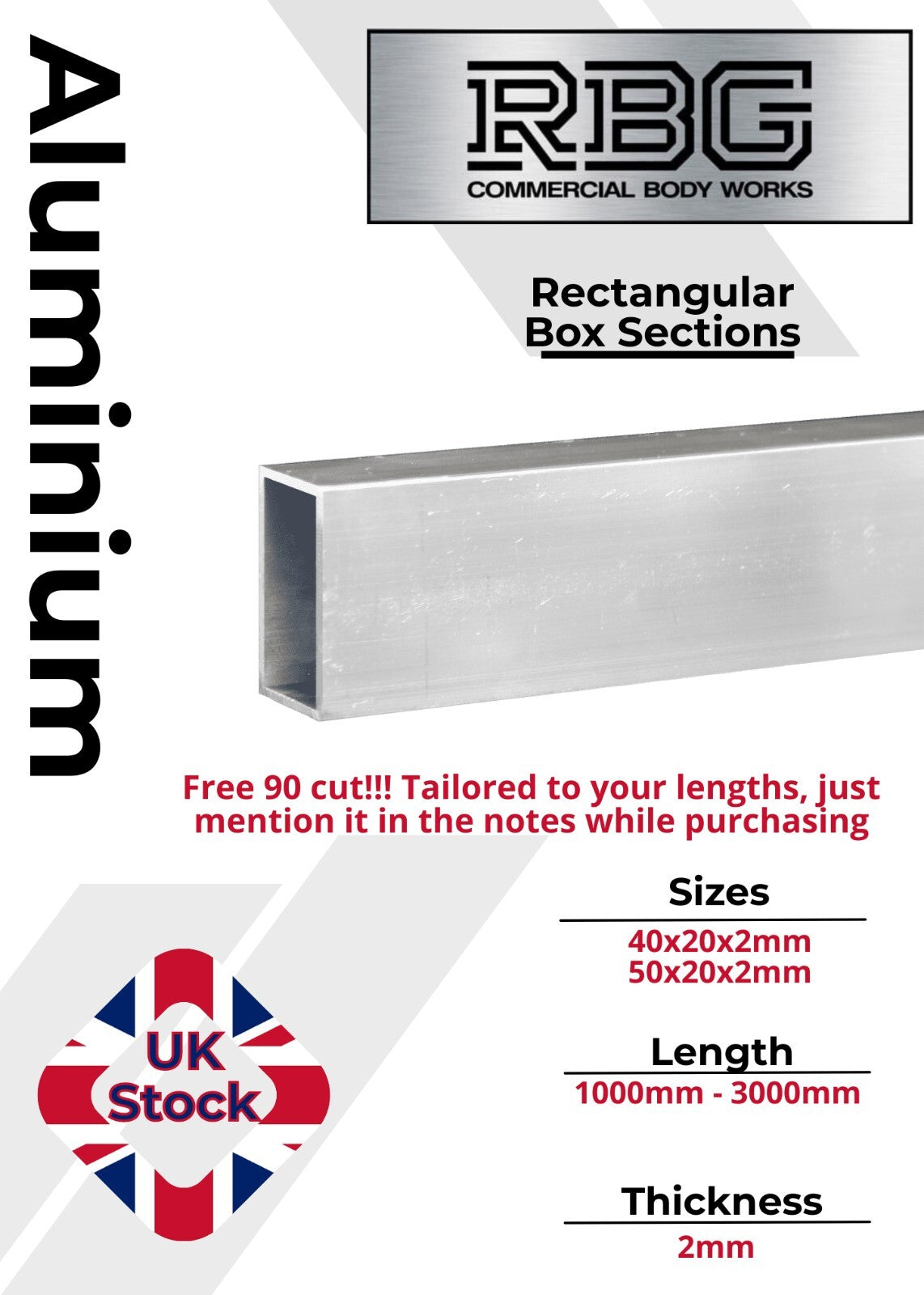 ALUMINIUM RECTANGULAR BOX SECTIONS Inch & Metric Various Sizes Free UK Delivery