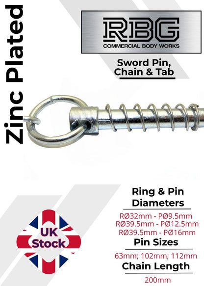 Sword Pin and Chain Spring Loaded, Retaining Cotter Pin 9.5mm; 12.5mm; 16mm.