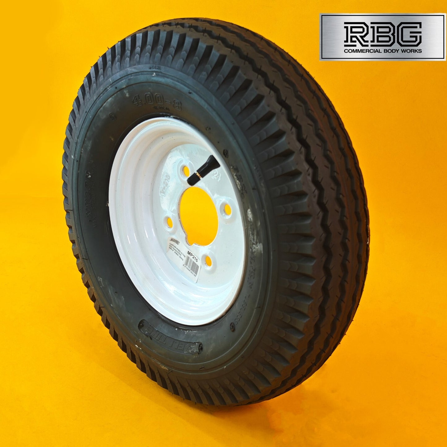 Wheel & Tyre 400x8 Inch for Trailers 4 Ply 4 Studs 4″ PCD White Diameter 8″ UK
