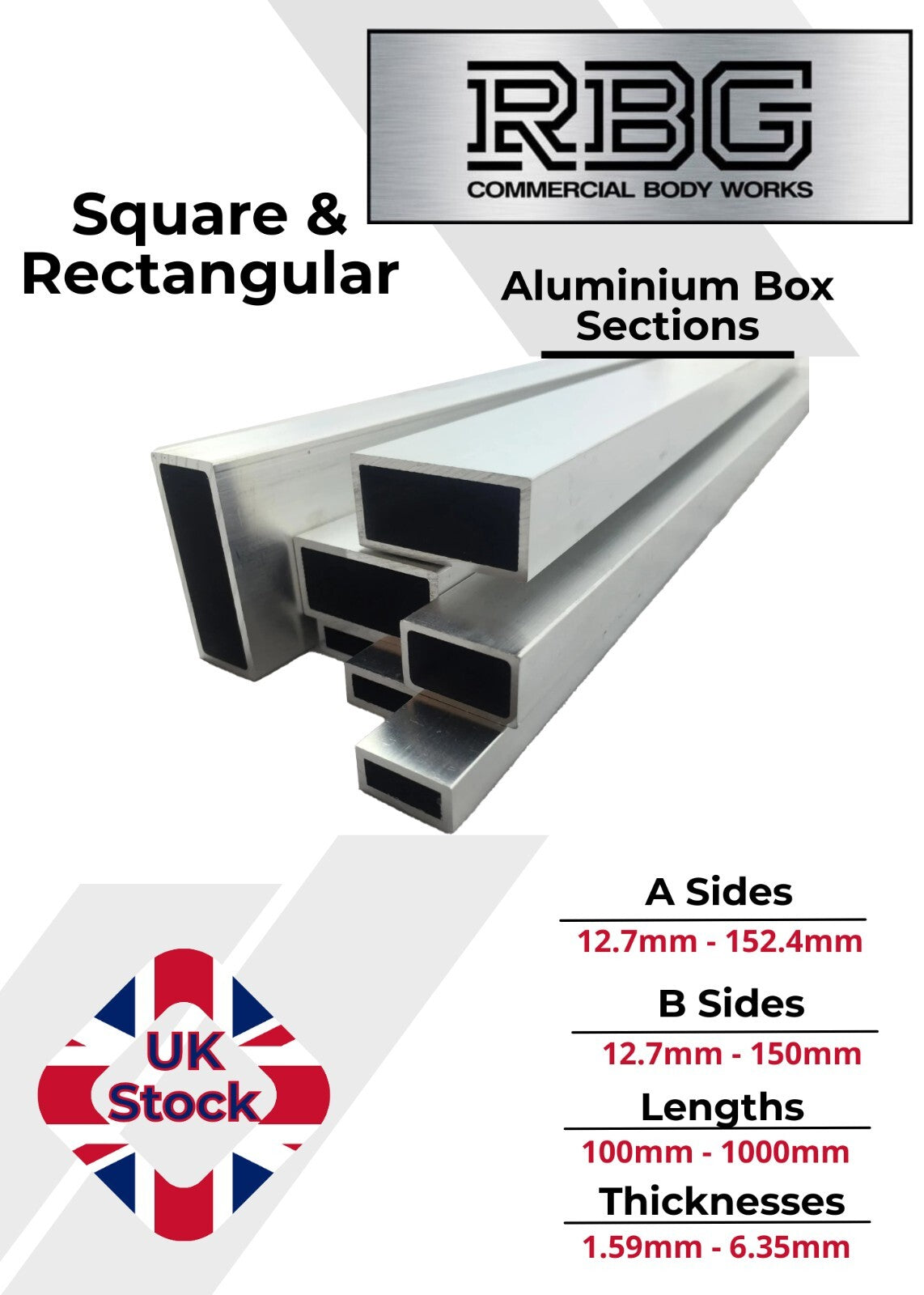 ALUMINIUM RECTANGULAR & SQUARE BOX SECTION VARIOUS SIZES In METRIC & INCH UK