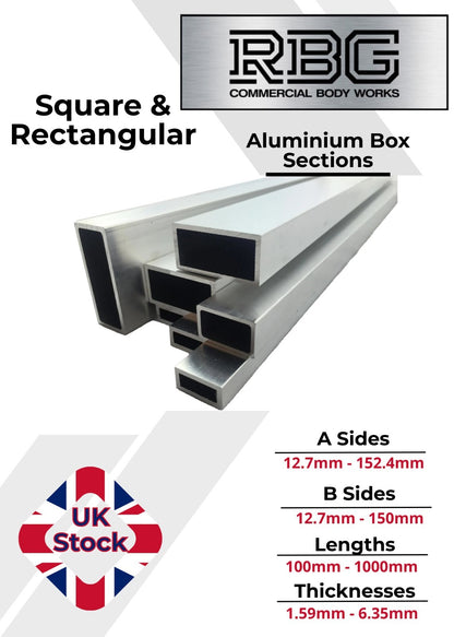 ALUMINIUM RECTANGULAR & SQUARE BOX SECTION VARIOUS SIZES In METRIC & INCH UK
