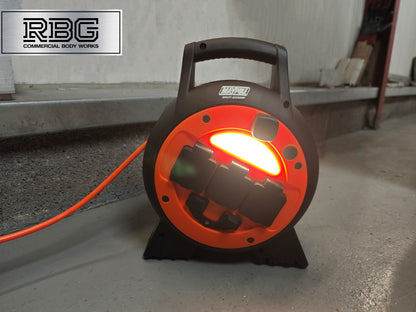 15m Roller Mobile Mains Power Unit 3 Way with LED Light Twin USB RCD Protected